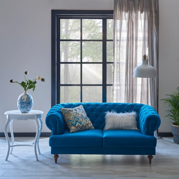 heritage windows in lounge with blue sofa