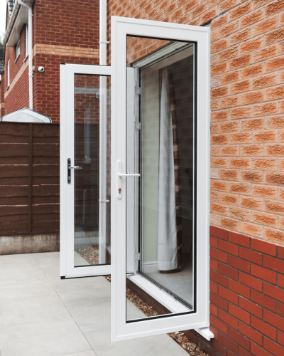 White aluminium French door installation - heaton mersey