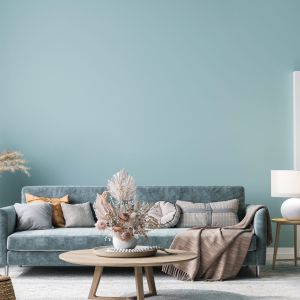 Stylish living room with teal and pink scheme