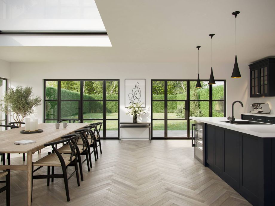 aluminium heritage doors in an open plan kitchen / dining room