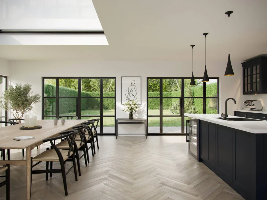 aluminium heritage doors in an open plan kitchen / dining room