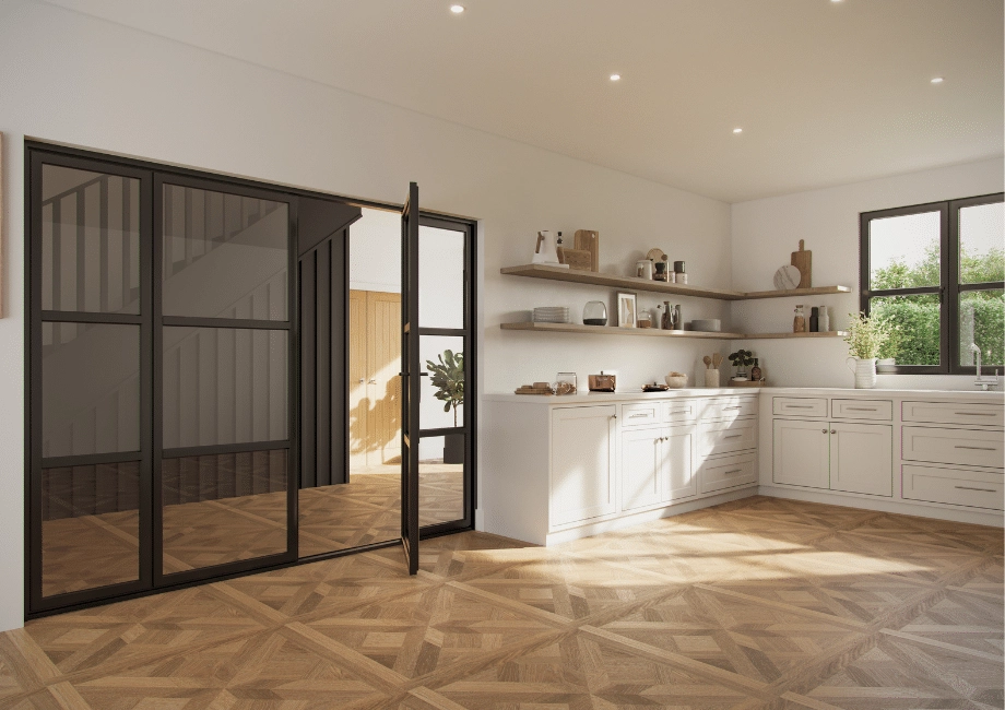 heritage window in an open plan kitchen with a heritage aluminium internal screen