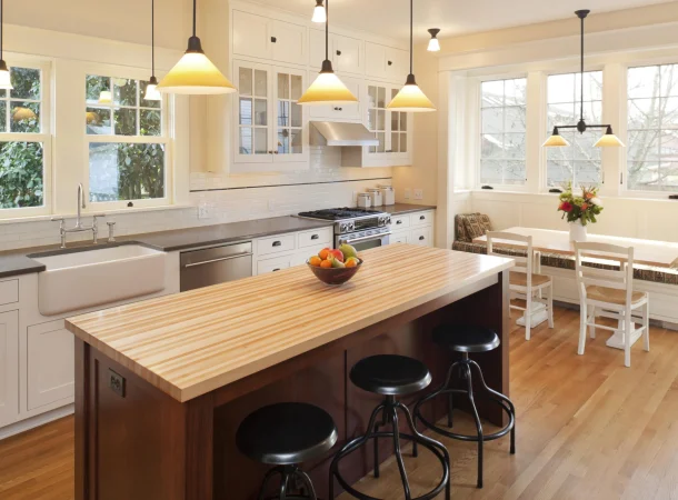 sliding sash windows installed in a modern woodnen kitchen