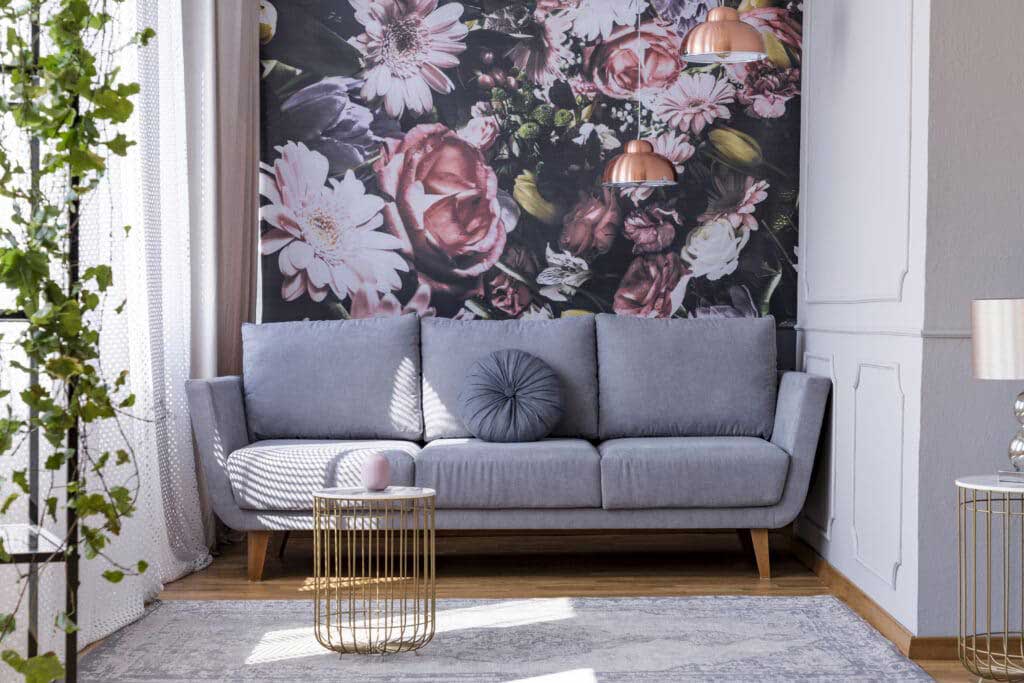 Living room with floral wallpaper