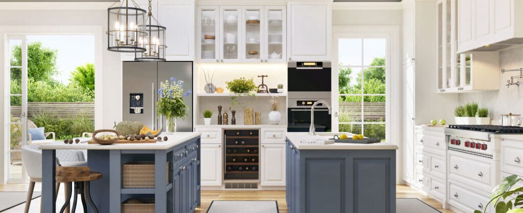 modern kitchen with french doors in the background.