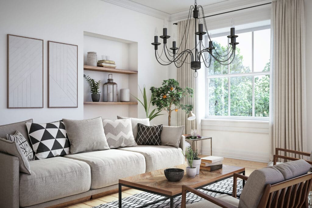 Modern scandinavian living room interior with white windows