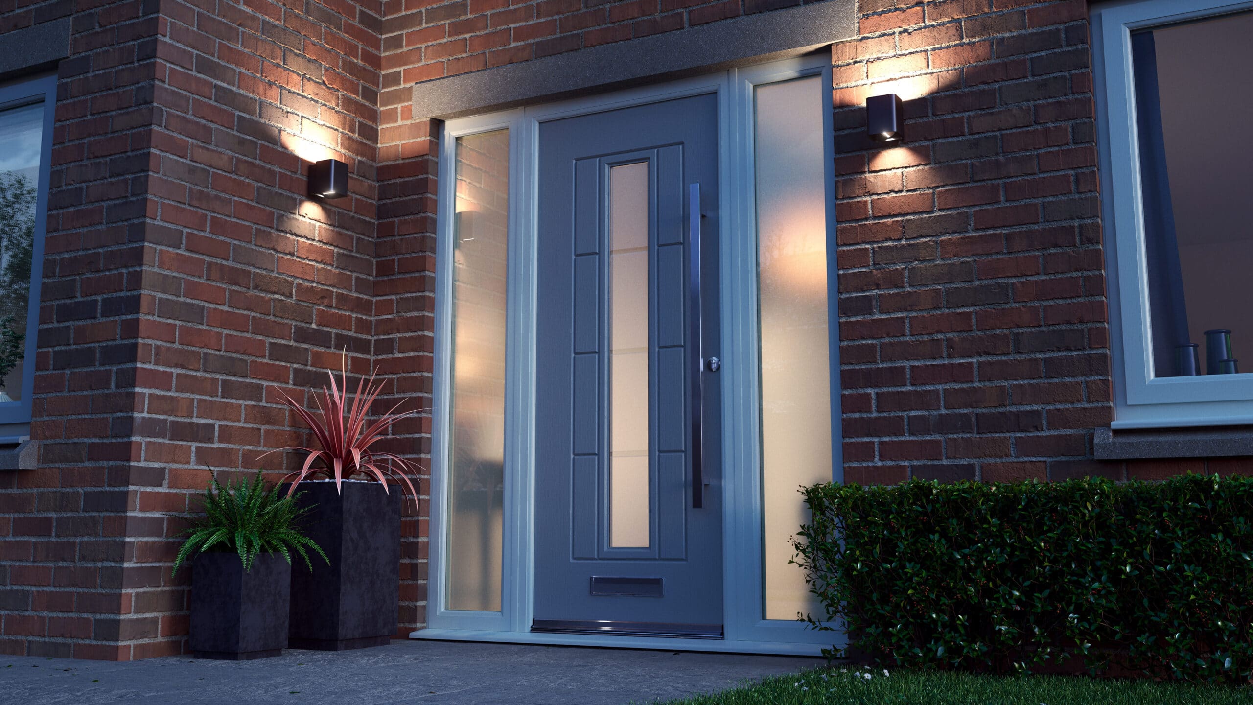 Entrance to modern home with sconce lighting