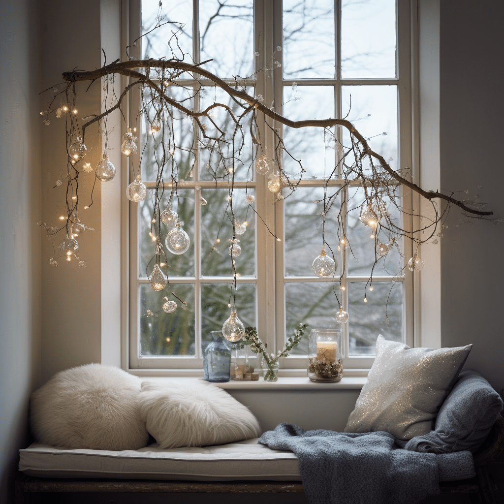 window decorated with bench seat and minimal christmas tree.
