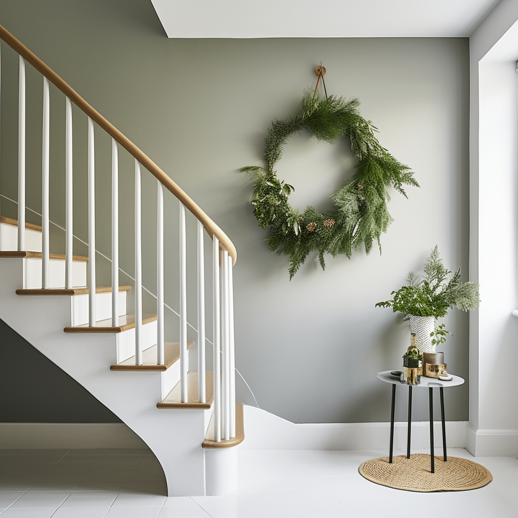 large minimal christmas wreath in a hallway