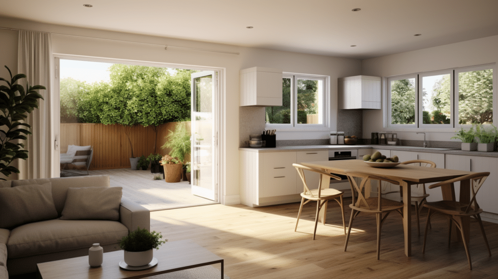 a bungalow renovation with open plan kitchen / dining room and bifolding doors leading out to a decking area.