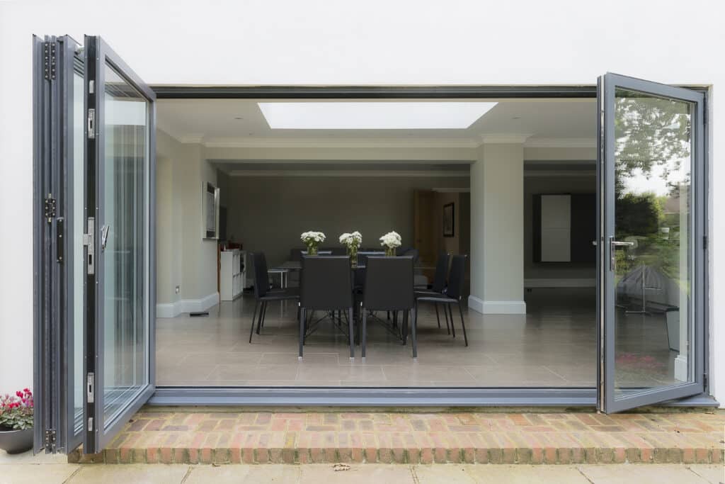 exterior view of bifolding doors with laminated glass