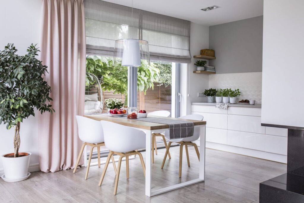 kitchen / diner interior view with white sliding patio doors