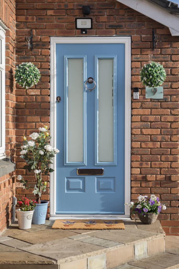 satin glass in blue front door